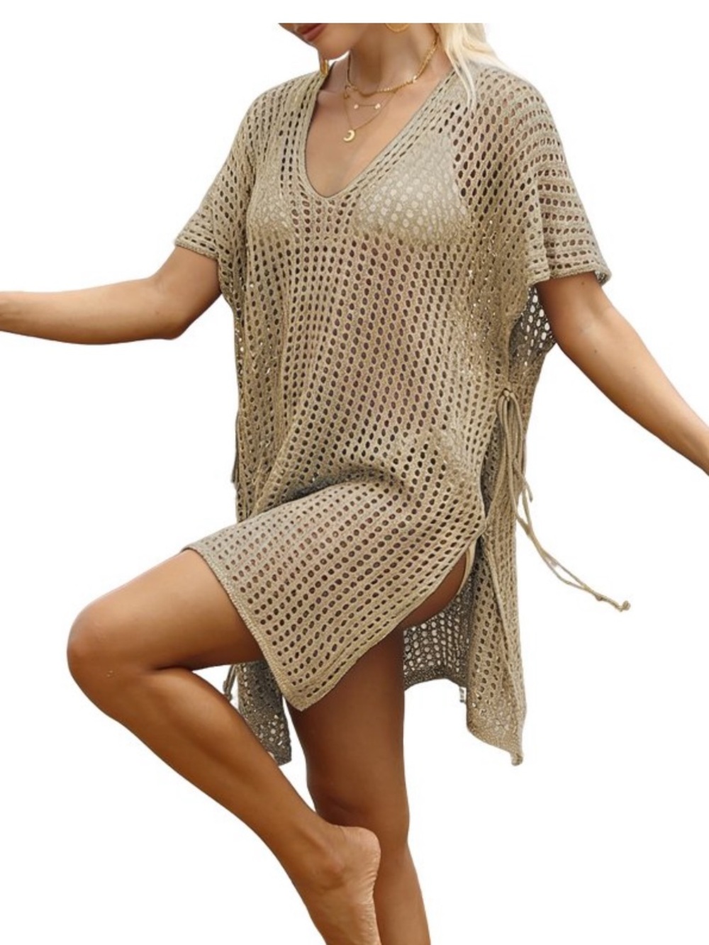Womens V Neck Batwing Short Sleeve Open Knit Side
Drawstring Loose Mini